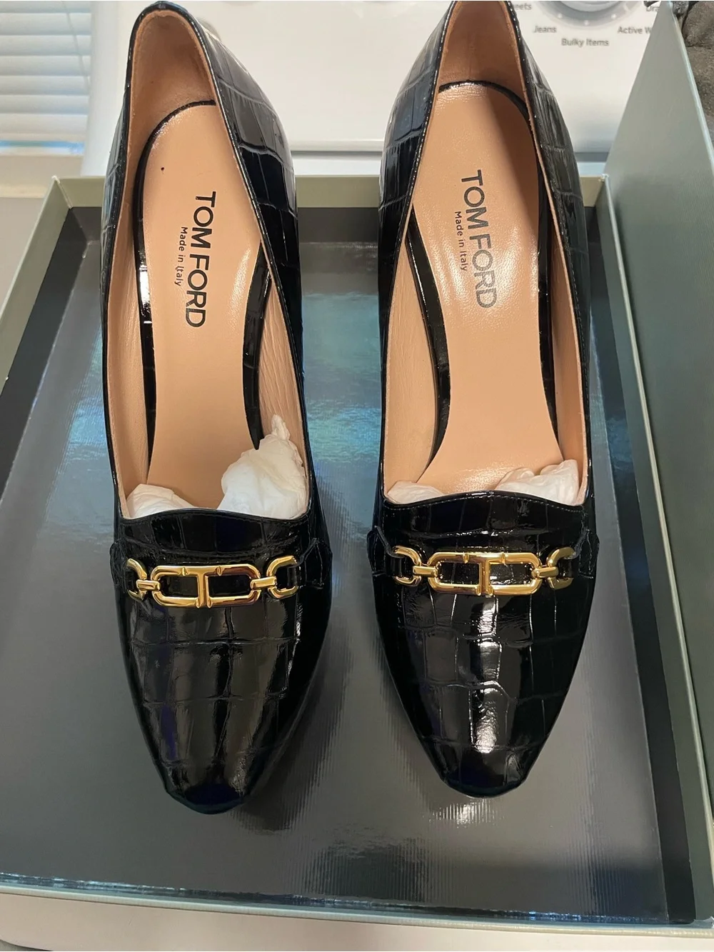 Tom Ford Black Patent Croc-Embossed Platform Heels with Gold Chain Detail